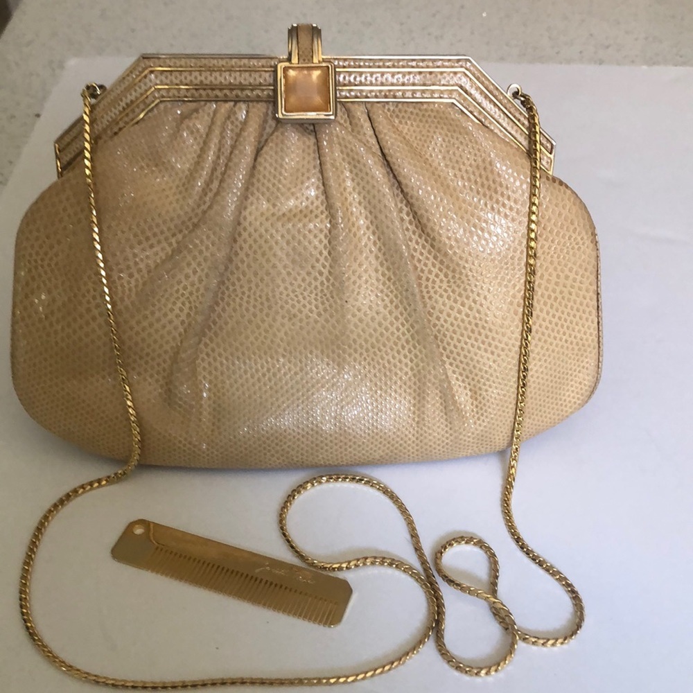Vintage Judith Leiber Saks reptile gold chain shoulder clutch